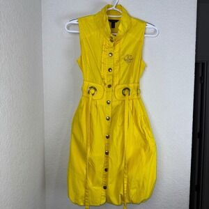 Dereon Sleeveless Yellow Dress Button Down Belted Fitted Party Size Medium